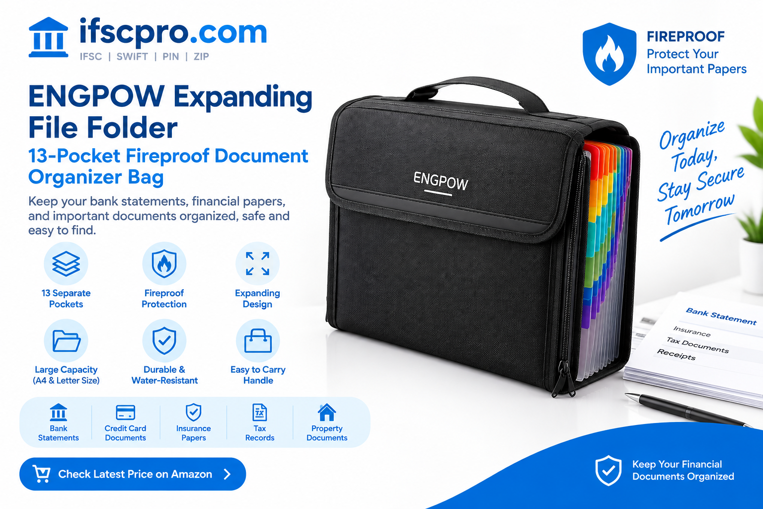 ENGPOW 13-Pocket Expanding File Folder For Bank Documents